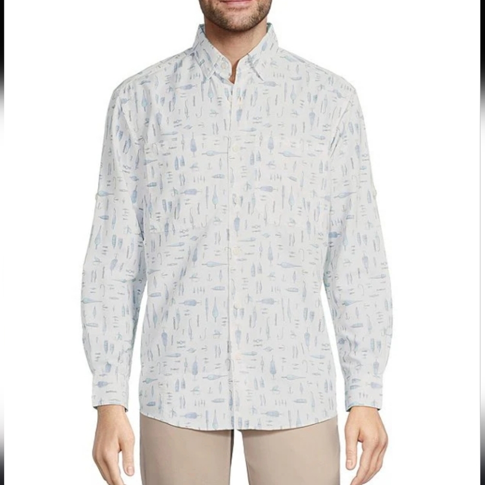 Charter Performance Vented Long Sleeve Fishing Motif Print Sport Shirt SIZE M